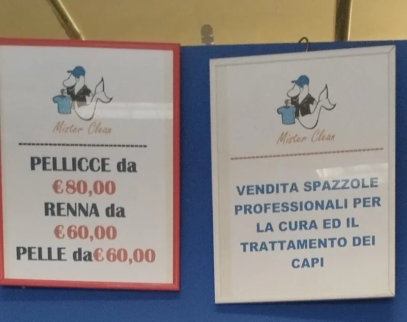 Cartelli in negozio con i prezzi di pellicce, renna e pelle e la vendita di spazzole professionali