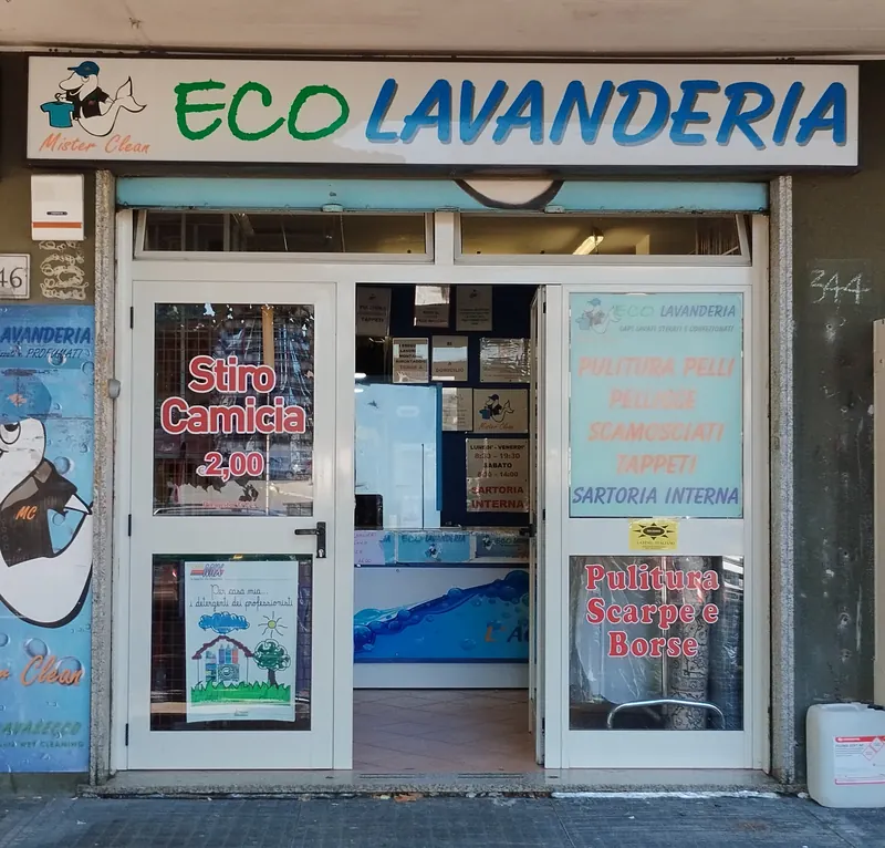 L'insegna Eco Lavanderia e la porta del negozio Mister Clean in Via Cina 344